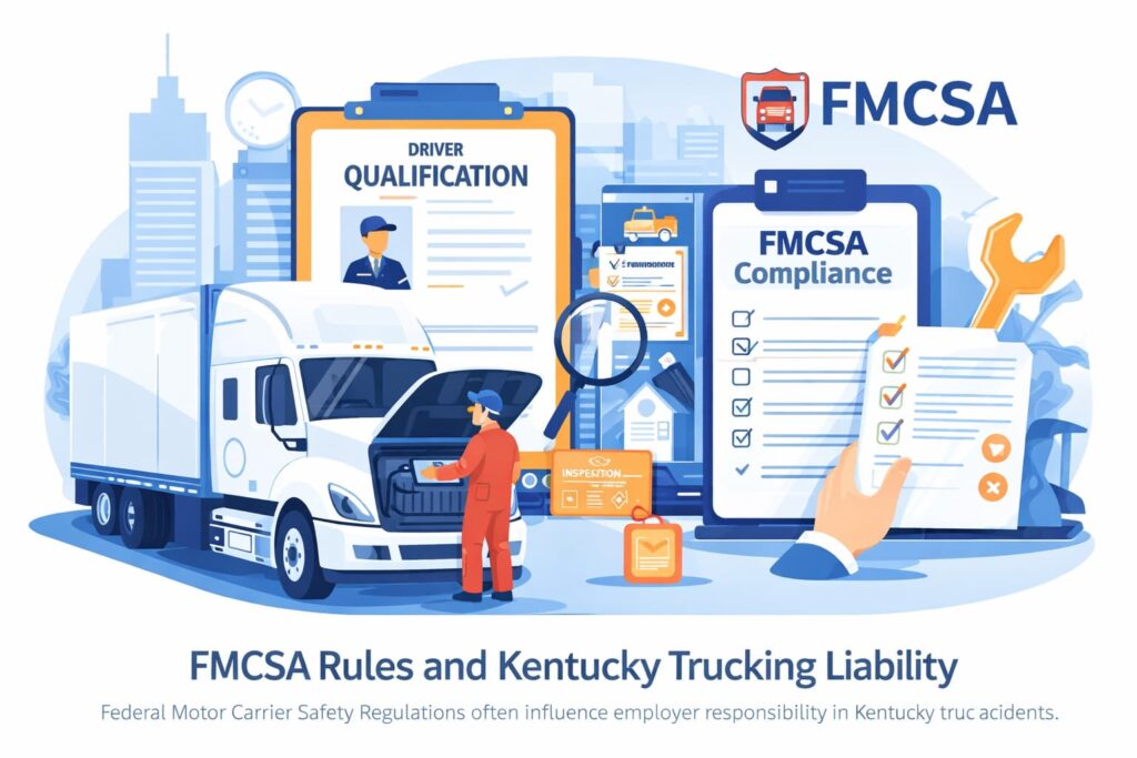 FMCSA safety regulations affecting Kentucky trucking accidents, showing driver qualification files, vehicle inspections, and company compliance oversight