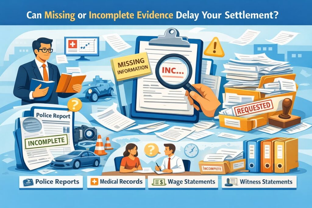 Flat vector illustration showing how missing or incomplete evidence delays a Kentucky personal injury settlement, including police reports, medical records, and witness statements.
